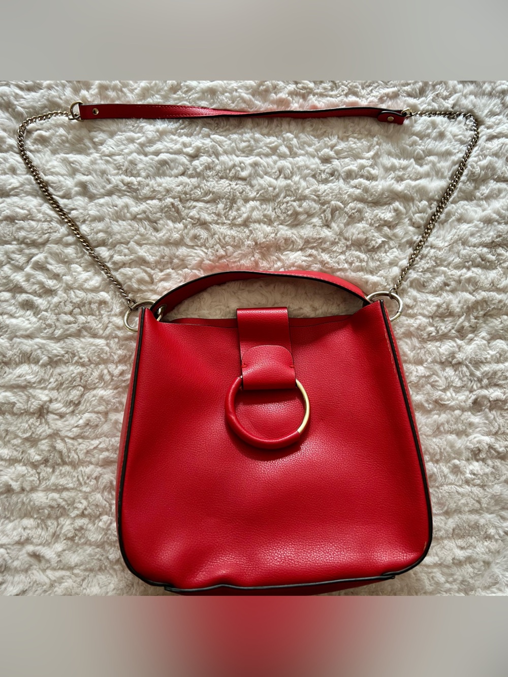 Zara Red Ring-Accent Leatherette Shoulder Bag / Crossbody Bag with Chain Strap